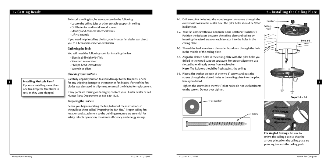 Hunter Fan 42737-01 manual Getting Ready Installing the Ceiling Plate, Gathering the Tools, Checking Your Fan Parts 