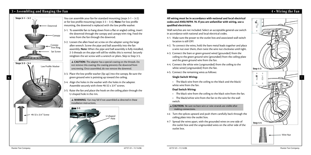 Hunter Fan 42737-01 manual Assembling and Hanging the Fan, Wiring the Fan, Single Switch Wiring, Dual Switch Wiring 