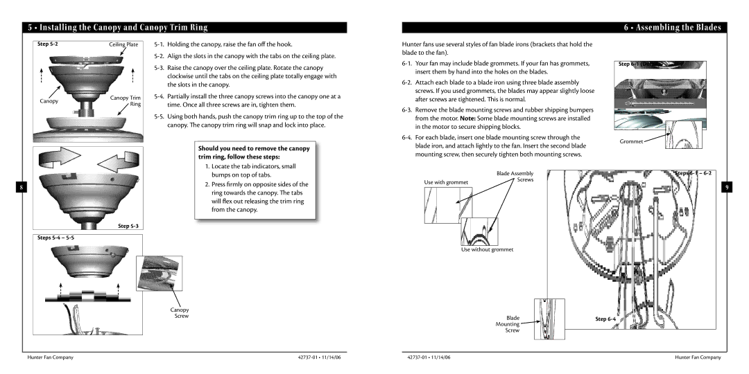 Hunter Fan 42737-01 manual Step Steps 5-4, Detail, Steps 6-1 