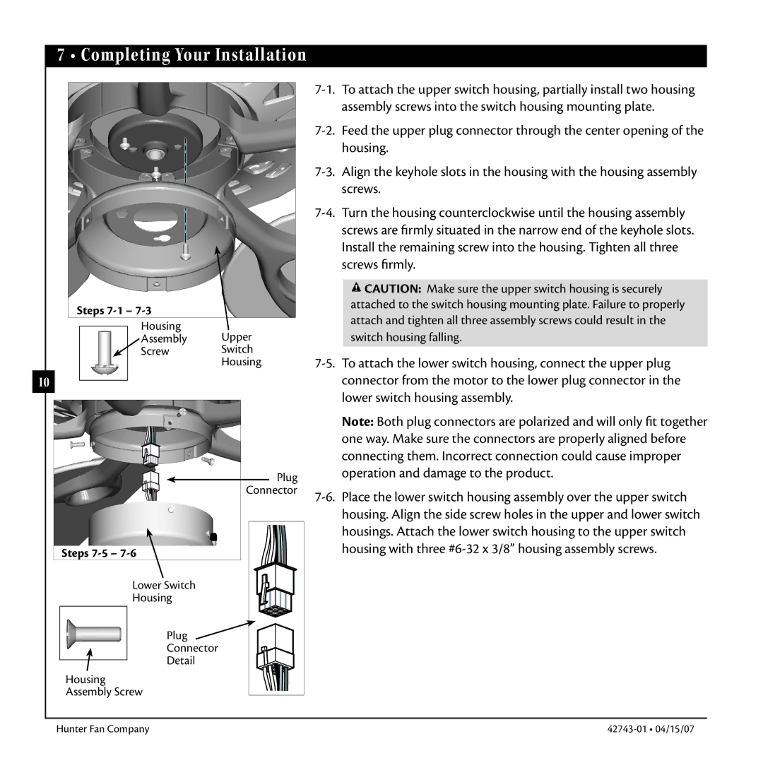 Hunter Fan 42743-01 warranty Completing Your Installation, Steps 7-1, Steps 7-5 