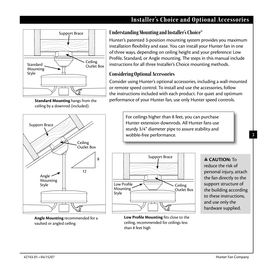 Hunter Fan 42743-01 warranty Installer’s Choice and Optional Accessories, Understanding Mounting and Installer’s Choice 