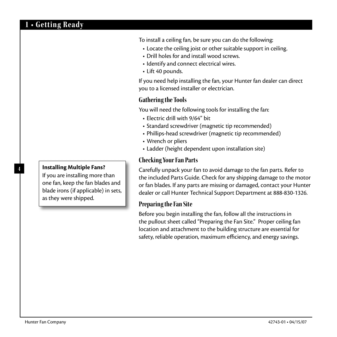 Hunter Fan 42743-01 warranty Getting Ready, Gathering the Tools, Checking Your Fan Parts, Preparing the Fan Site 