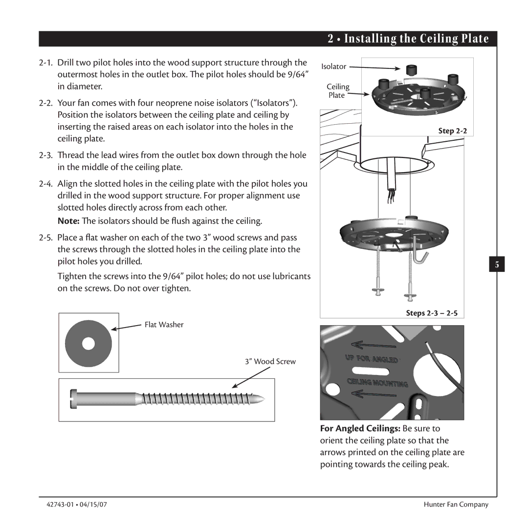 Hunter Fan 42743-01 warranty Installing the Ceiling Plate, Step 