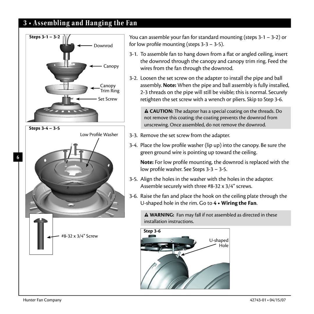 Hunter Fan 42743-01 warranty Assembling and Hanging the Fan, Steps 3-1, Steps 3-4 