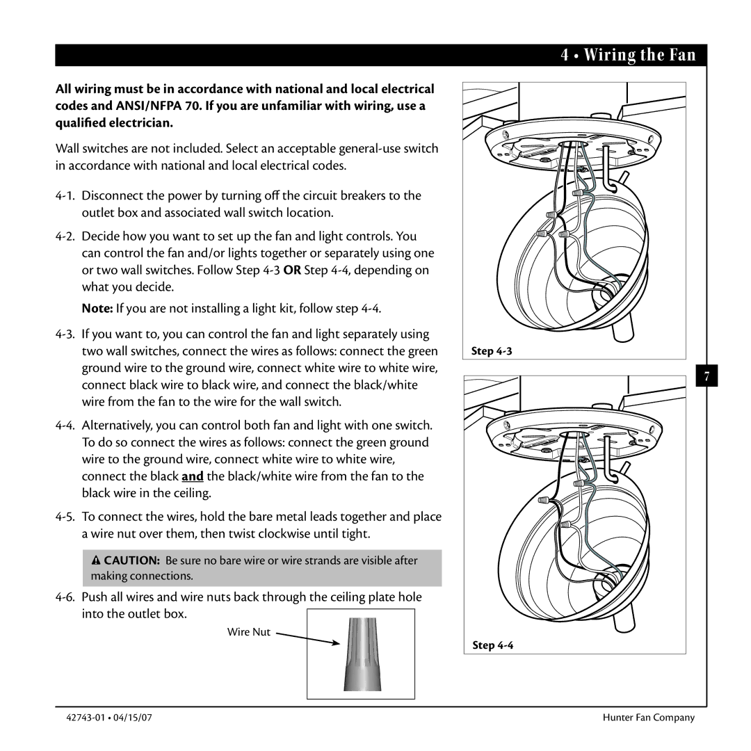 Hunter Fan 42743-01 warranty Wiring the Fan 