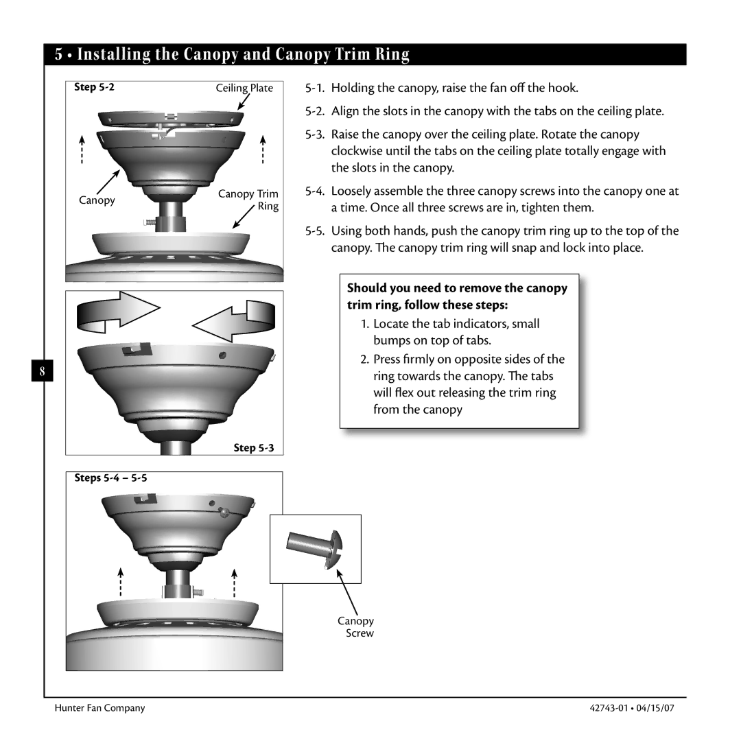 Hunter Fan 42743-01 warranty Installing the Canopy and Canopy Trim Ring, Step Steps 5-4 