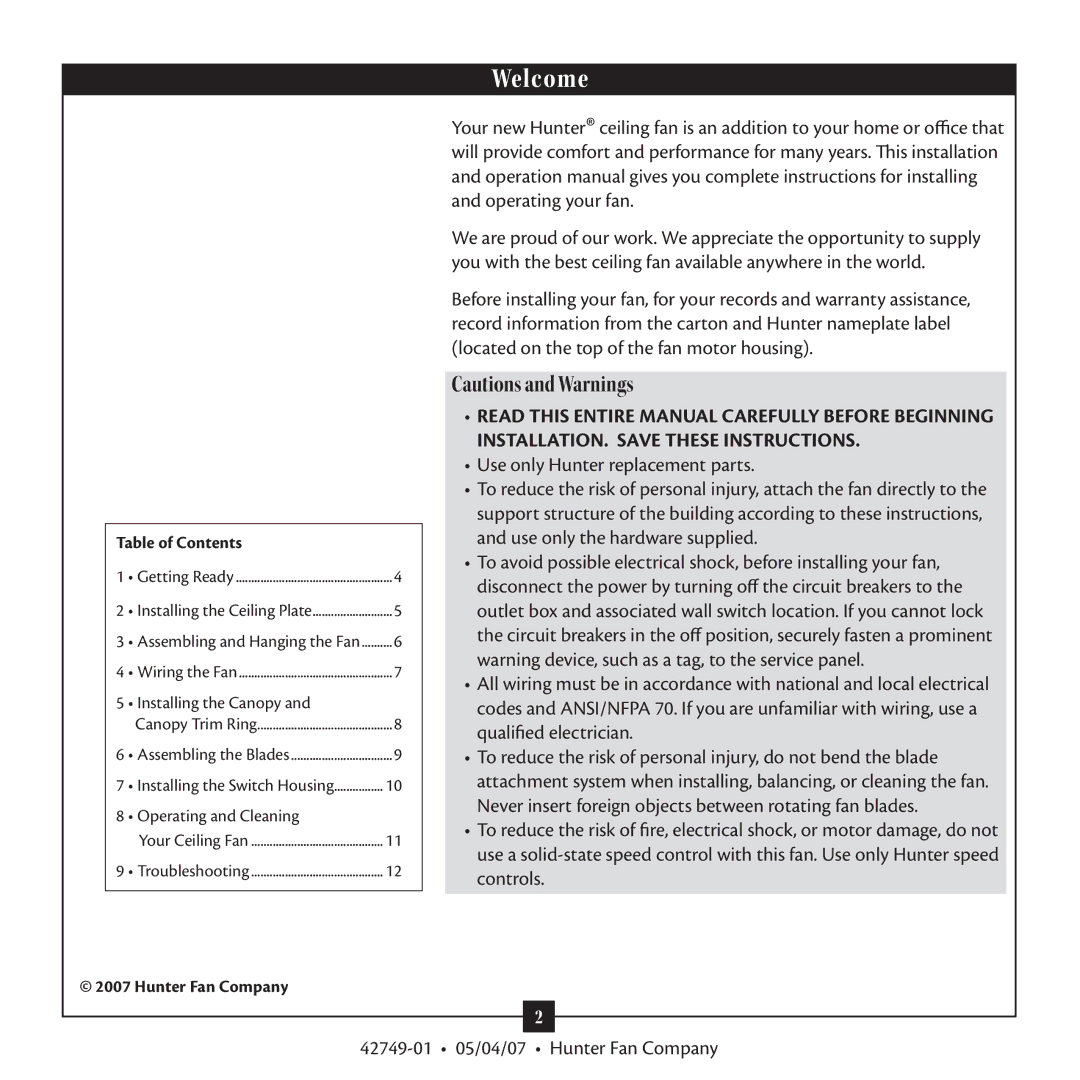 Hunter Fan 42749-01 warranty Welcome, Table of Contents 