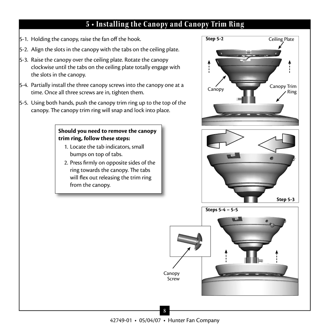 Hunter Fan 42749-01 warranty Installing the Canopy and Canopy Trim Ring 