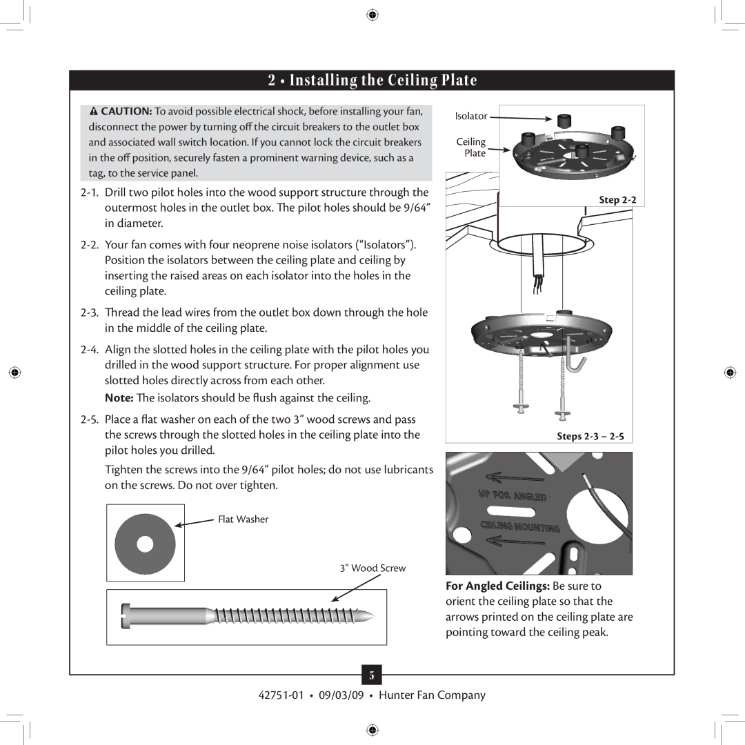 Hunter Fan 42751-01 installation manual Installing the Ceiling Plate 