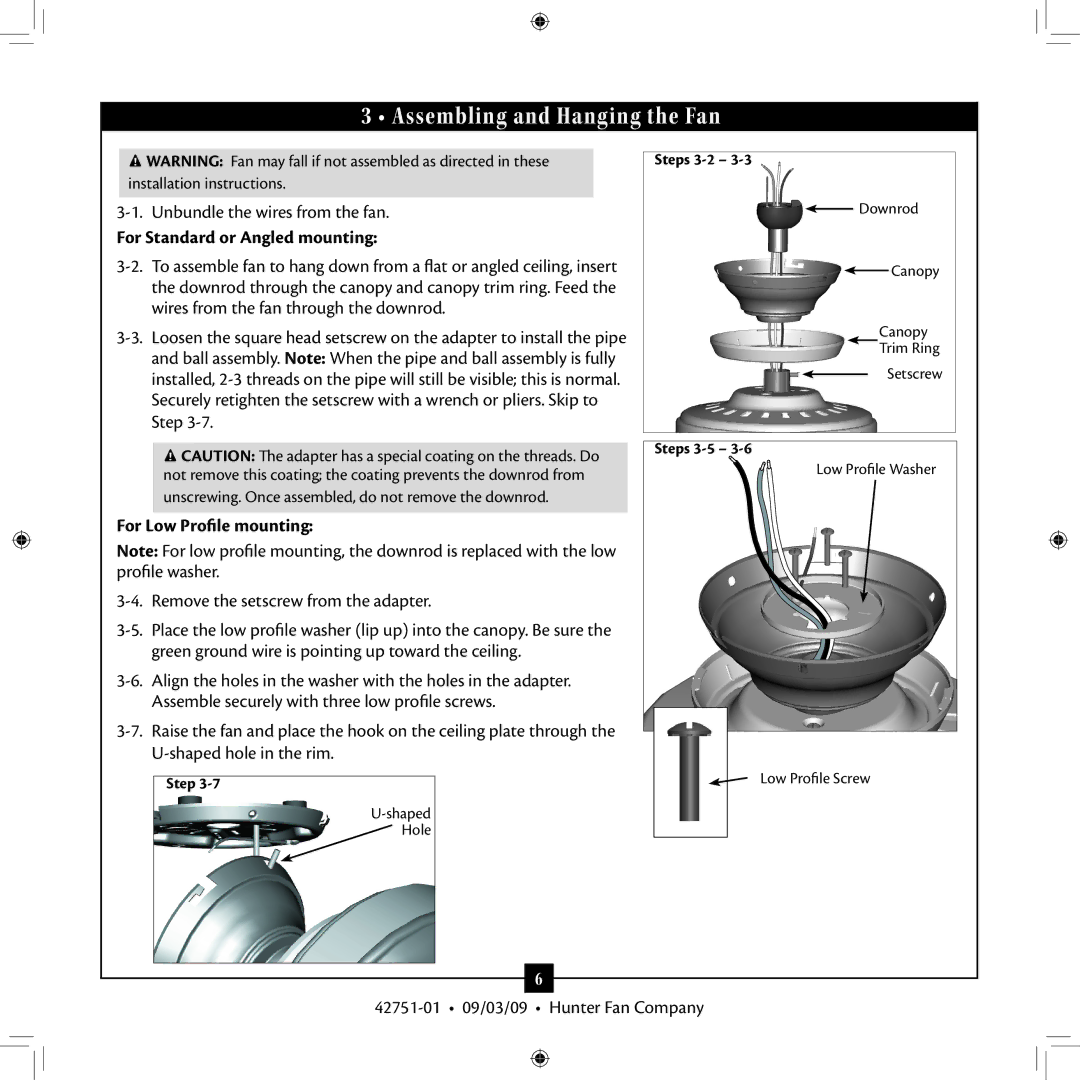 Hunter Fan 42751-01 Assembling and Hanging the Fan, For Standard or Angled mounting, For Low Profile mounting 