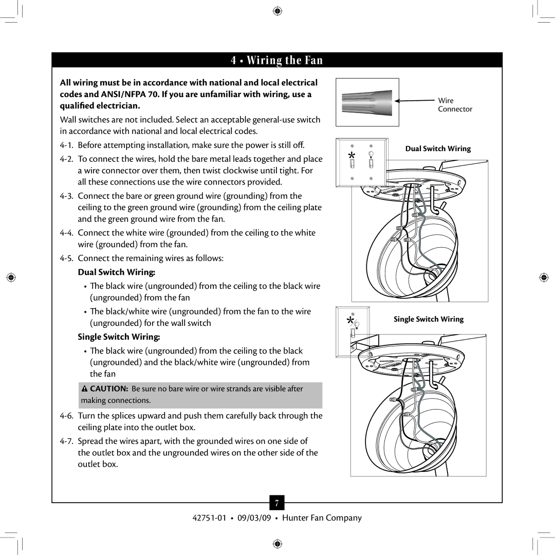 Hunter Fan 42751-01 installation manual Wiring the Fan, Dual Switch Wiring, Single Switch Wiring 