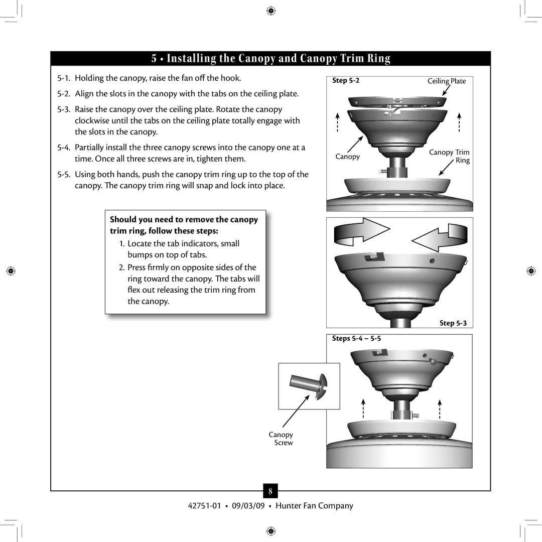 Hunter Fan 42751-01 installation manual Installing the Canopy and Canopy Trim Ring 