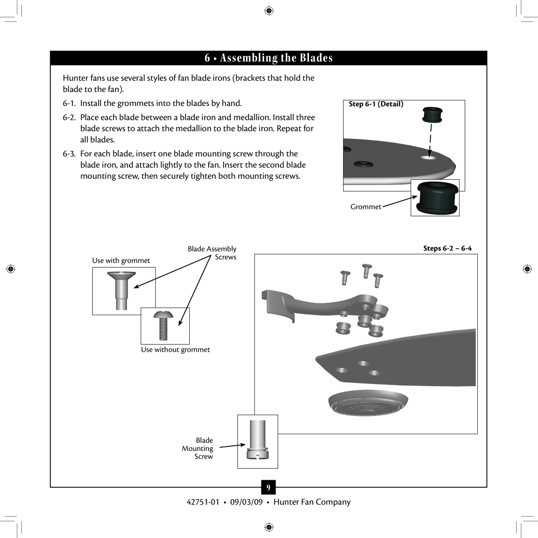 Hunter Fan 42751-01 installation manual Assembling the Blades 