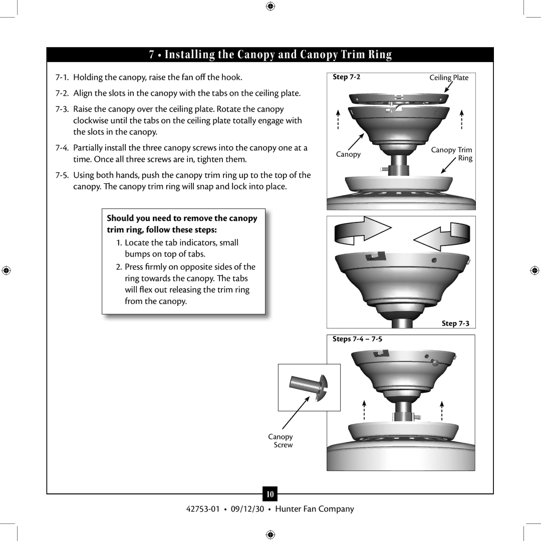 Hunter Fan 42753-01 installation manual Installing the Canopy and Canopy Trim Ring 