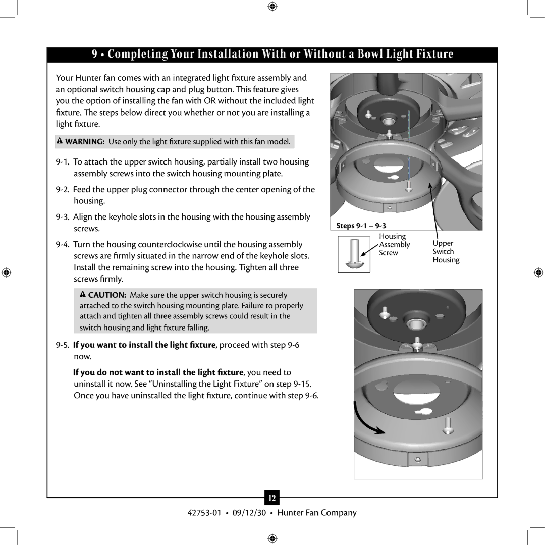 Hunter Fan 42753-01 installation manual Housing Assembly Upper Screw Switch 