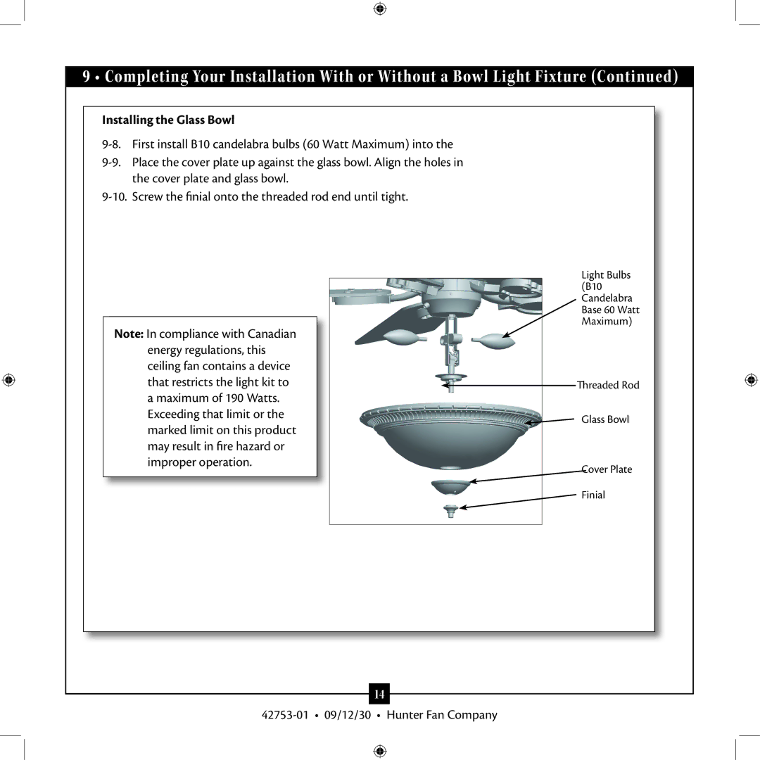 Hunter Fan 42753-01 installation manual Installing the Glass Bowl 