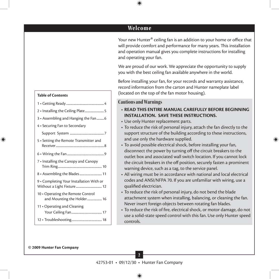 Hunter Fan 42753-01 installation manual Welcome 