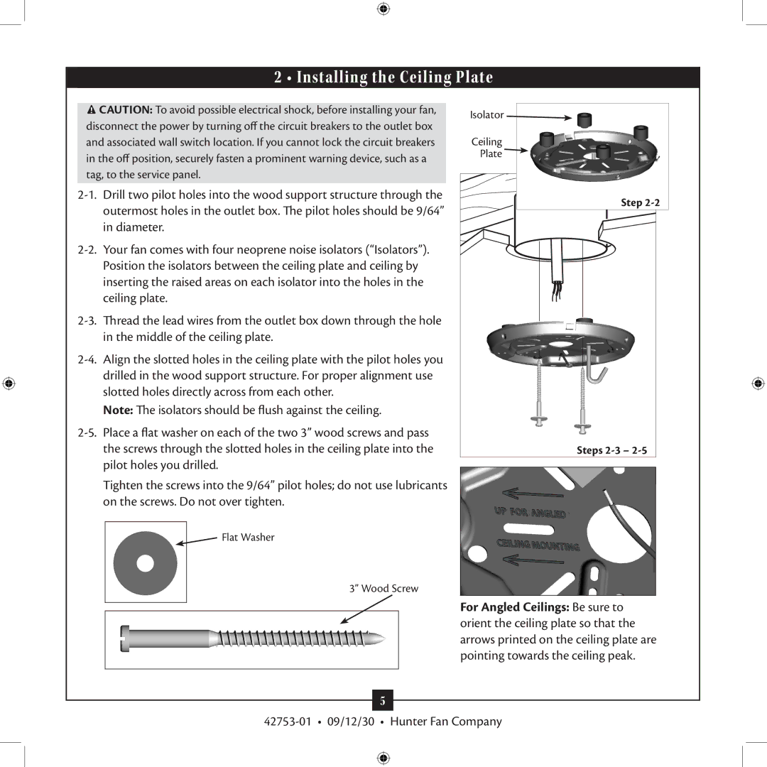 Hunter Fan 42753-01 installation manual Installing the Ceiling Plate 