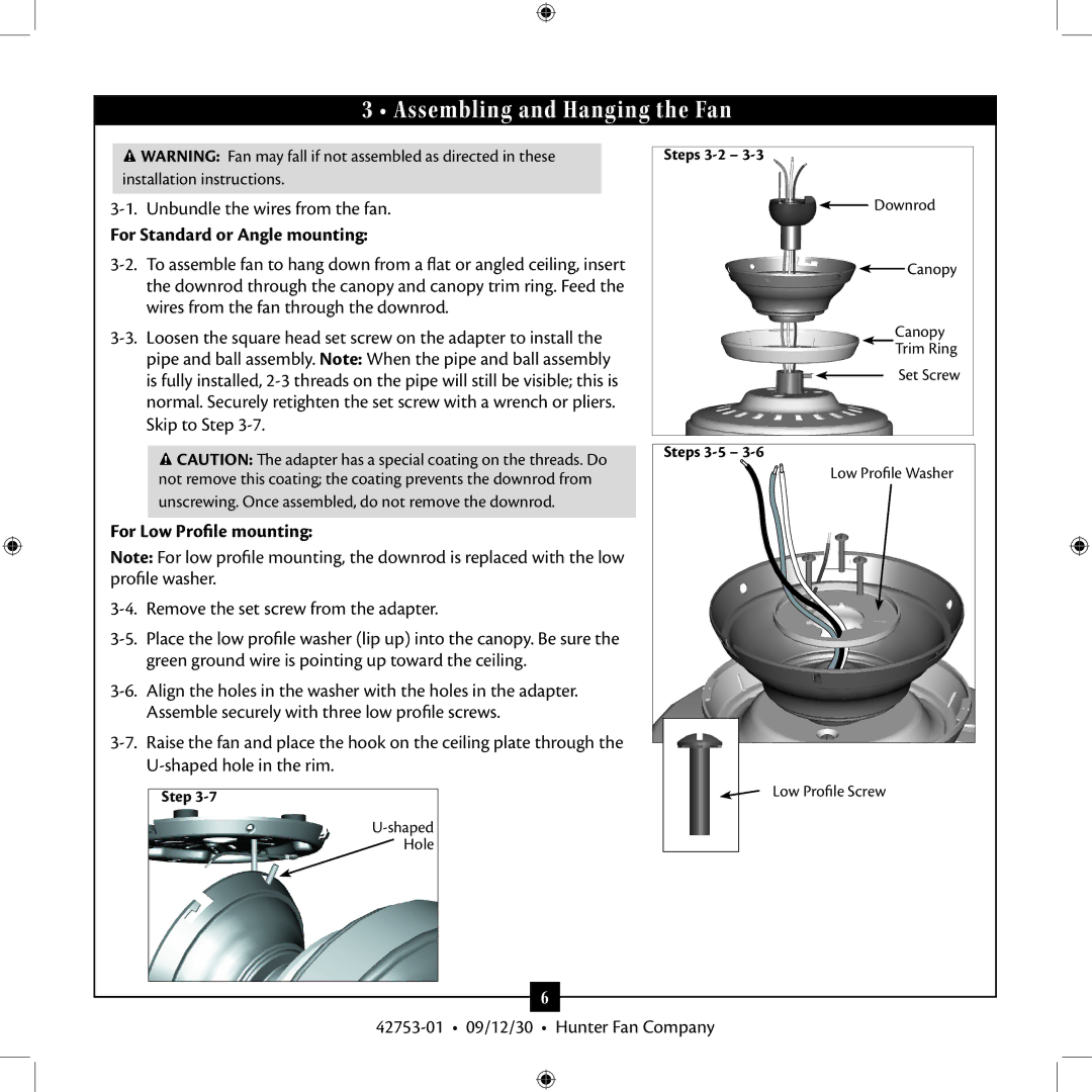 Hunter Fan 42753-01 Assembling and Hanging the Fan, For Standard or Angle mounting, For Low Profile mounting 