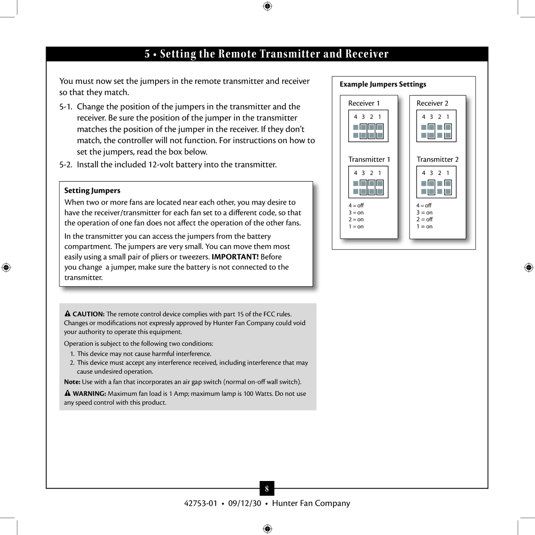 Hunter Fan 42753-01 installation manual Setting the Remote Transmitter and Receiver, Setting Jumpers 