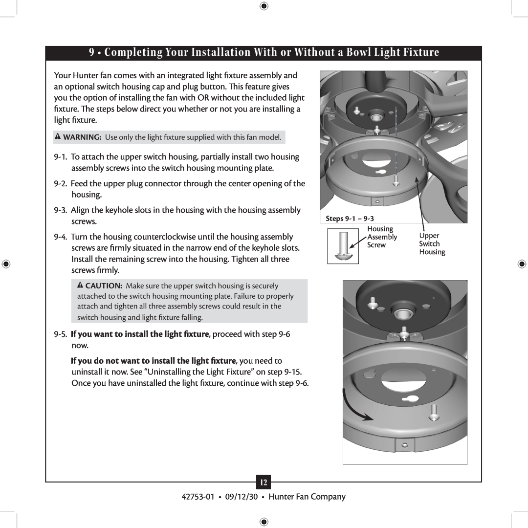 Hunter Fan installation manual 42753-01 09/12/30 Hunter Fan Company 