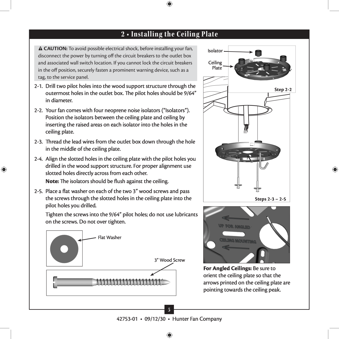 Hunter Fan 42753-01 installation manual Installing the Ceiling Plate 