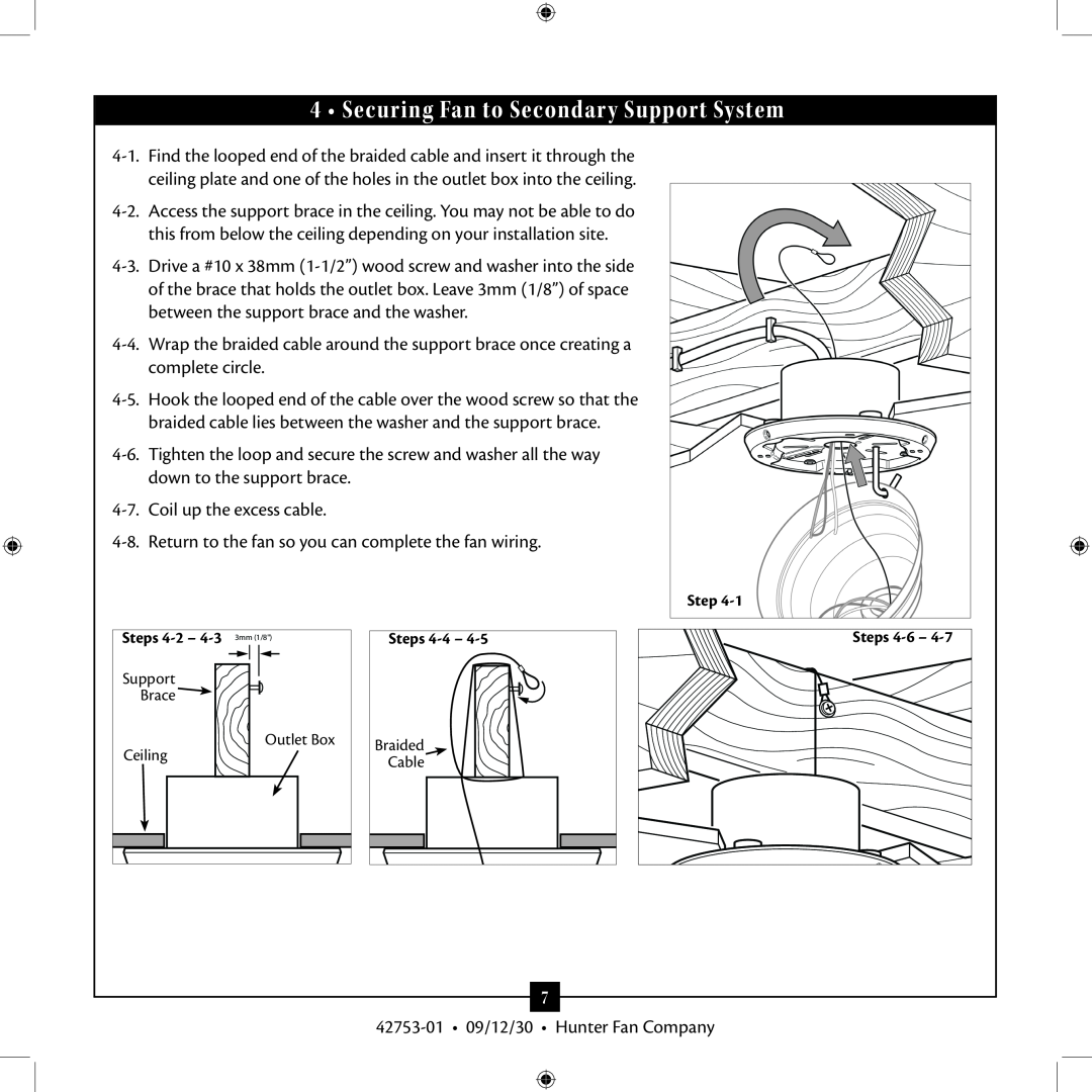 Hunter Fan 42753-01 installation manual Securing Fan to Secondary Support System 