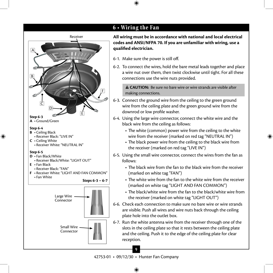 Hunter Fan 42753-01 installation manual Wiring the Fan 