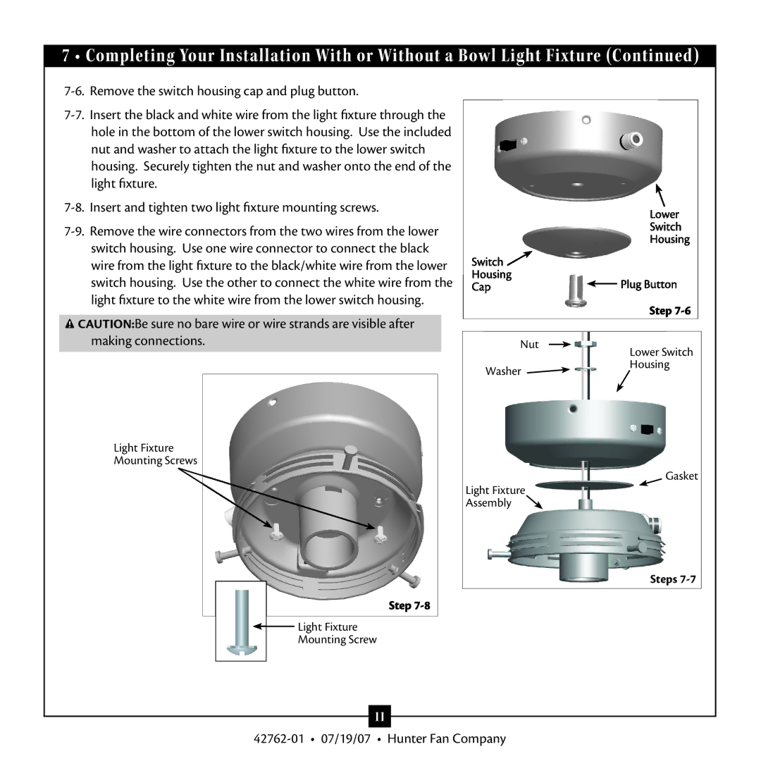 Hunter Fan 42762-01 warranty Steps 