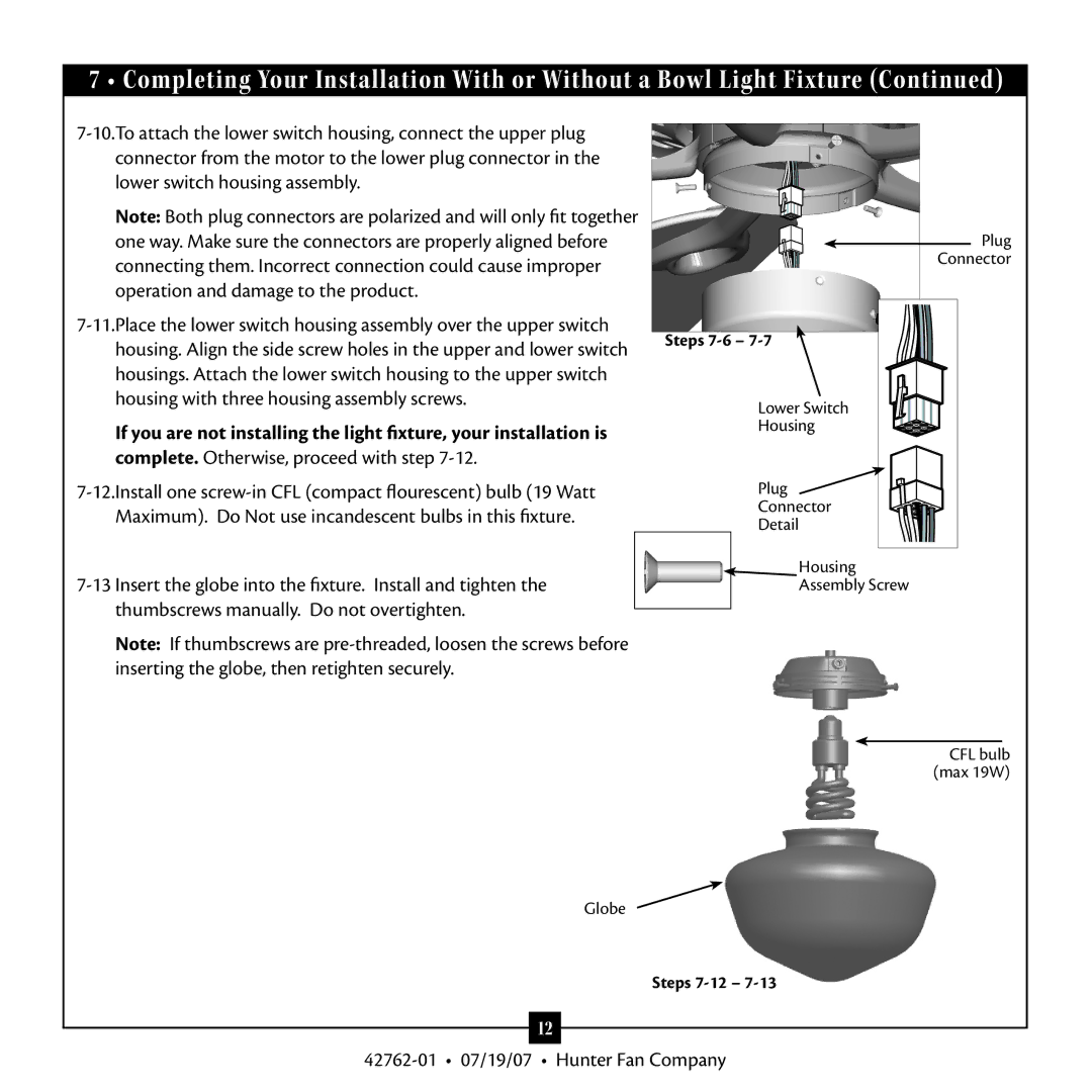 Hunter Fan 42762-01 warranty Steps 7-6, Steps 7-12 