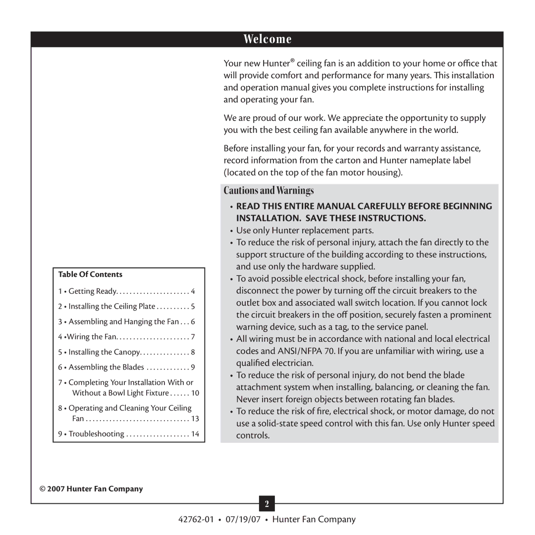 Hunter Fan 42762-01 warranty Table Of Contents, Hunter Fan Company 