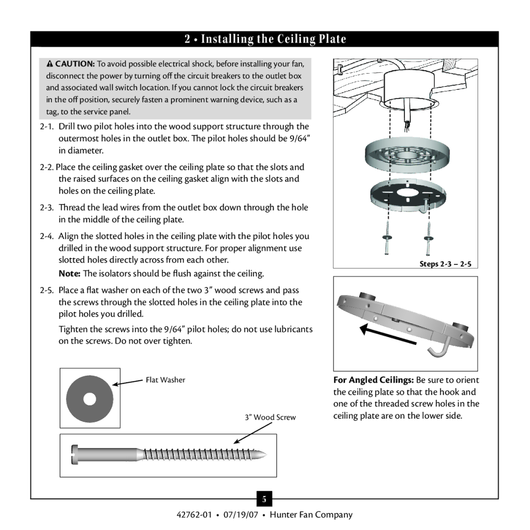 Hunter Fan 42762-01 warranty Installing the Ceiling Plate, Steps 2-3 