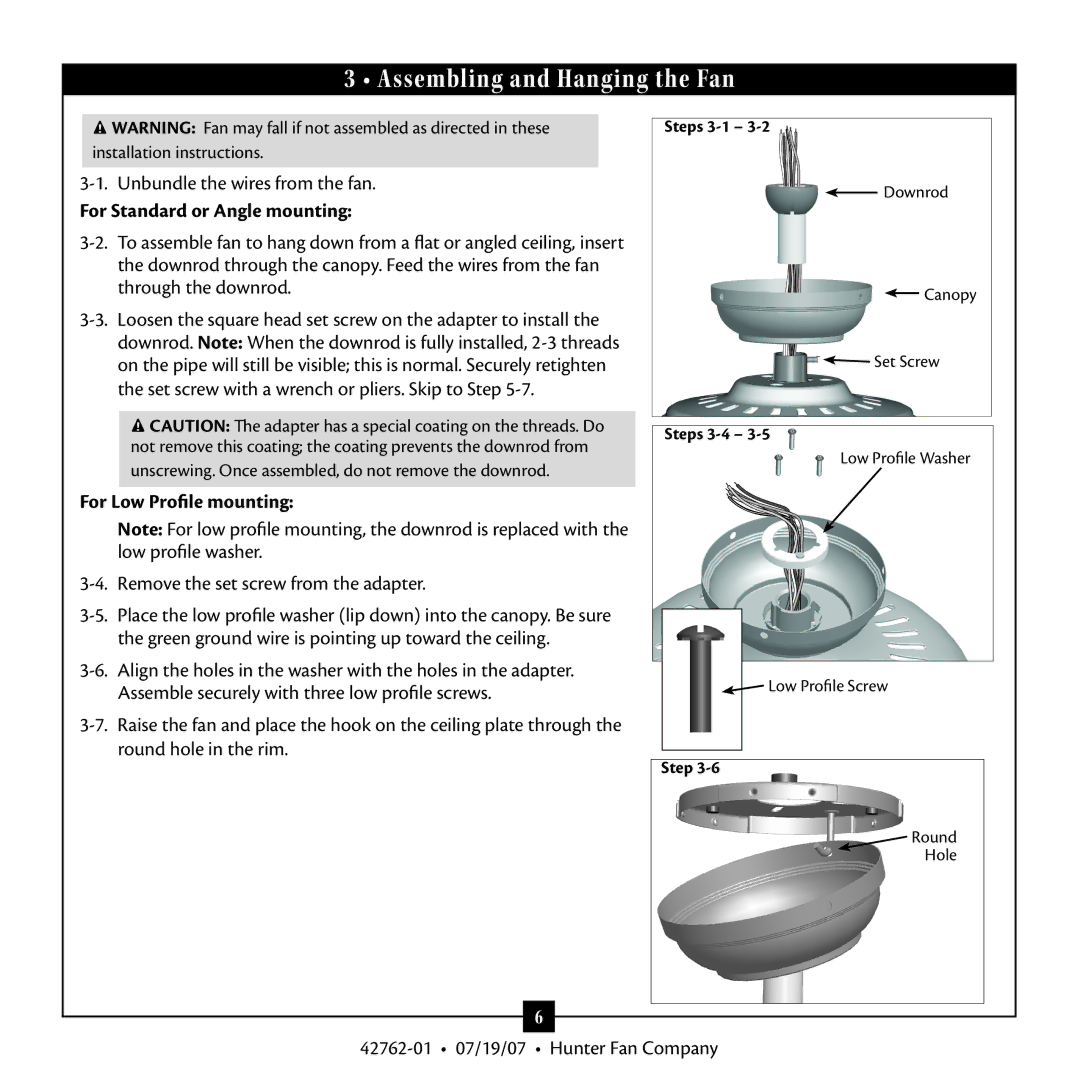 Hunter Fan 42762-01 warranty Assembling and Hanging the Fan, For Standard or Angle mounting, For Low Profile mounting 