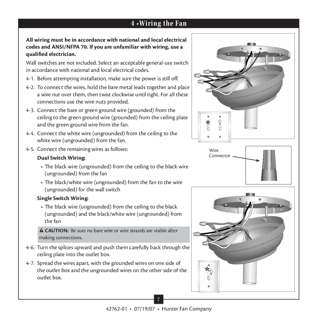 Hunter Fan 42762-01 warranty Wiring the Fan, Dual Switch Wiring, Single Switch Wiring 