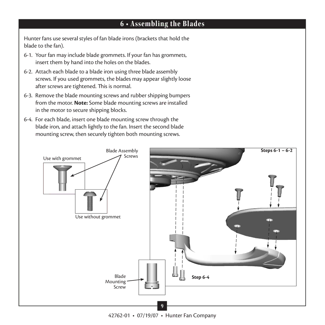 Hunter Fan 42762-01 warranty Assembling the Blades, Steps 6-1 