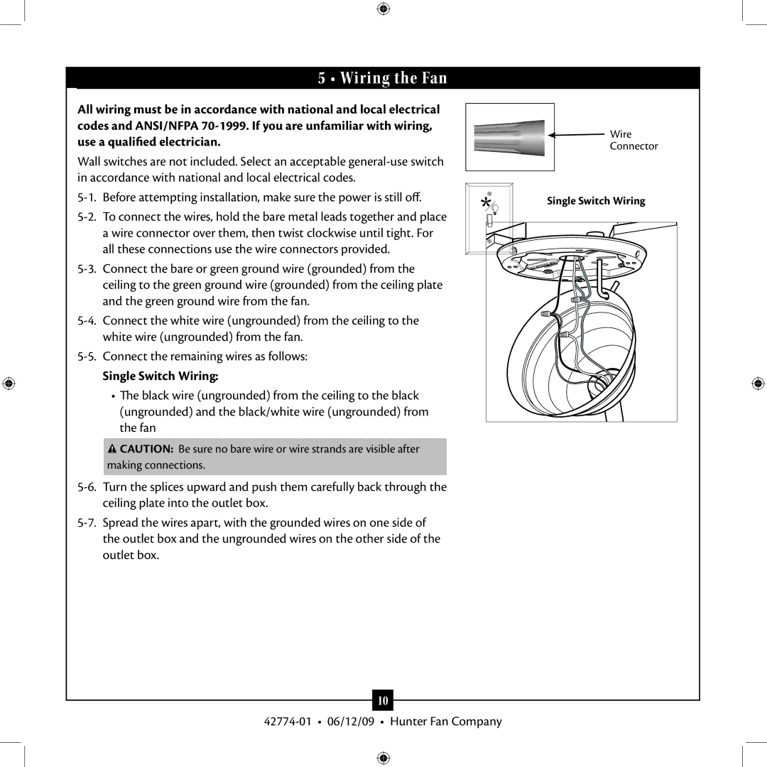 Hunter Fan 42774-01 installation manual Wiring the Fan, Single Switch Wiring 