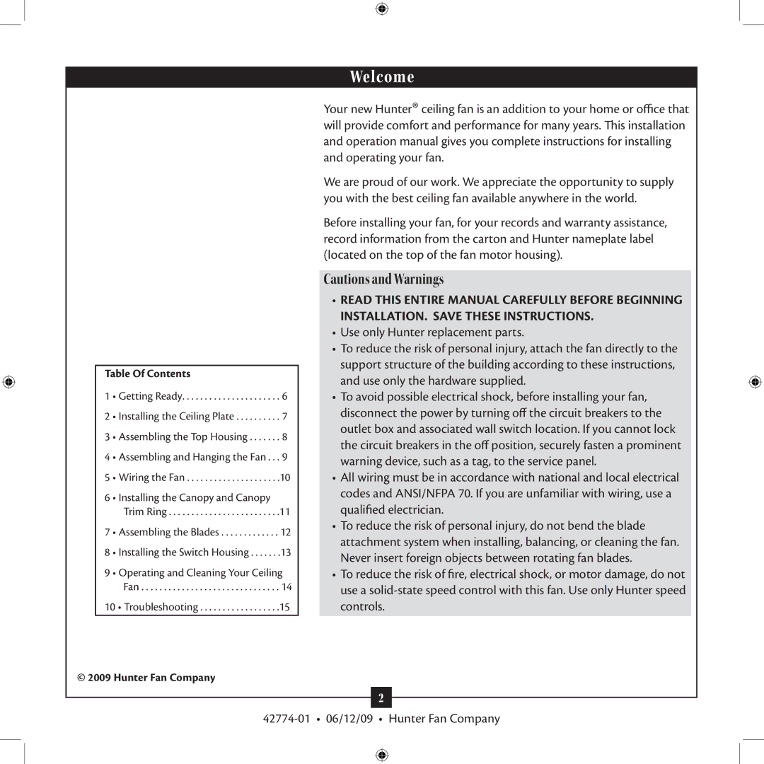 Hunter Fan 42774-01 installation manual Welcome, Table Of Contents 