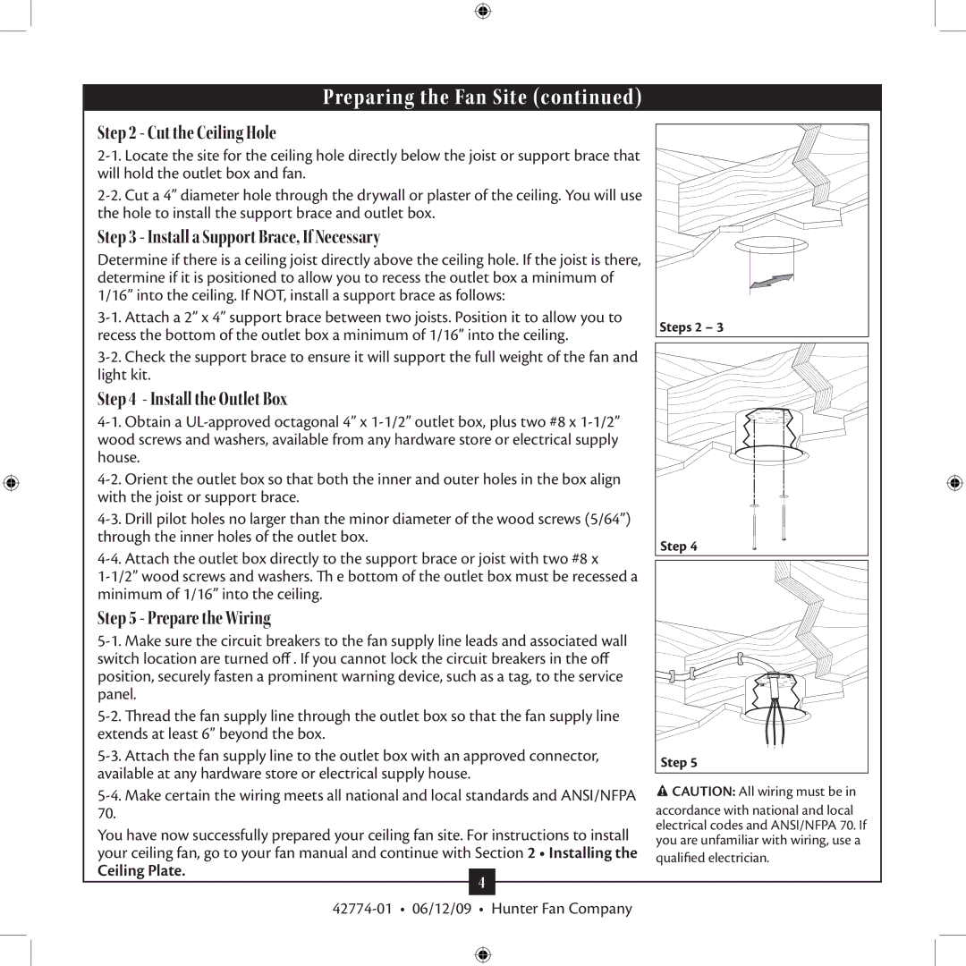 Hunter Fan 42774-01 Cut the Ceiling Hole, Install a Support Brace, If Necessary, Install the Outlet Box, Ceiling Plate 