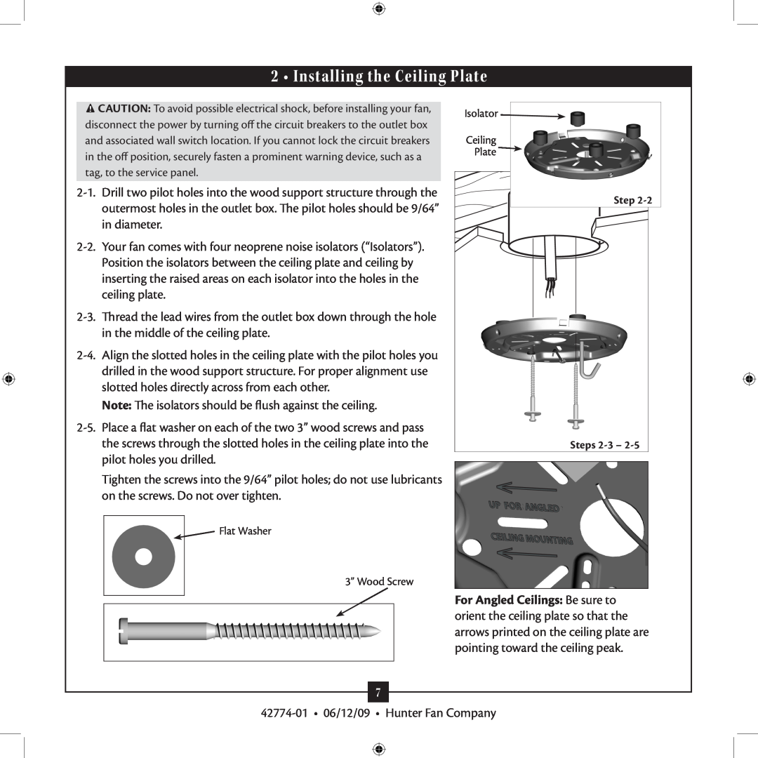 Hunter Fan 42774-01 installation manual Installing the Ceiling Plate, Steps 