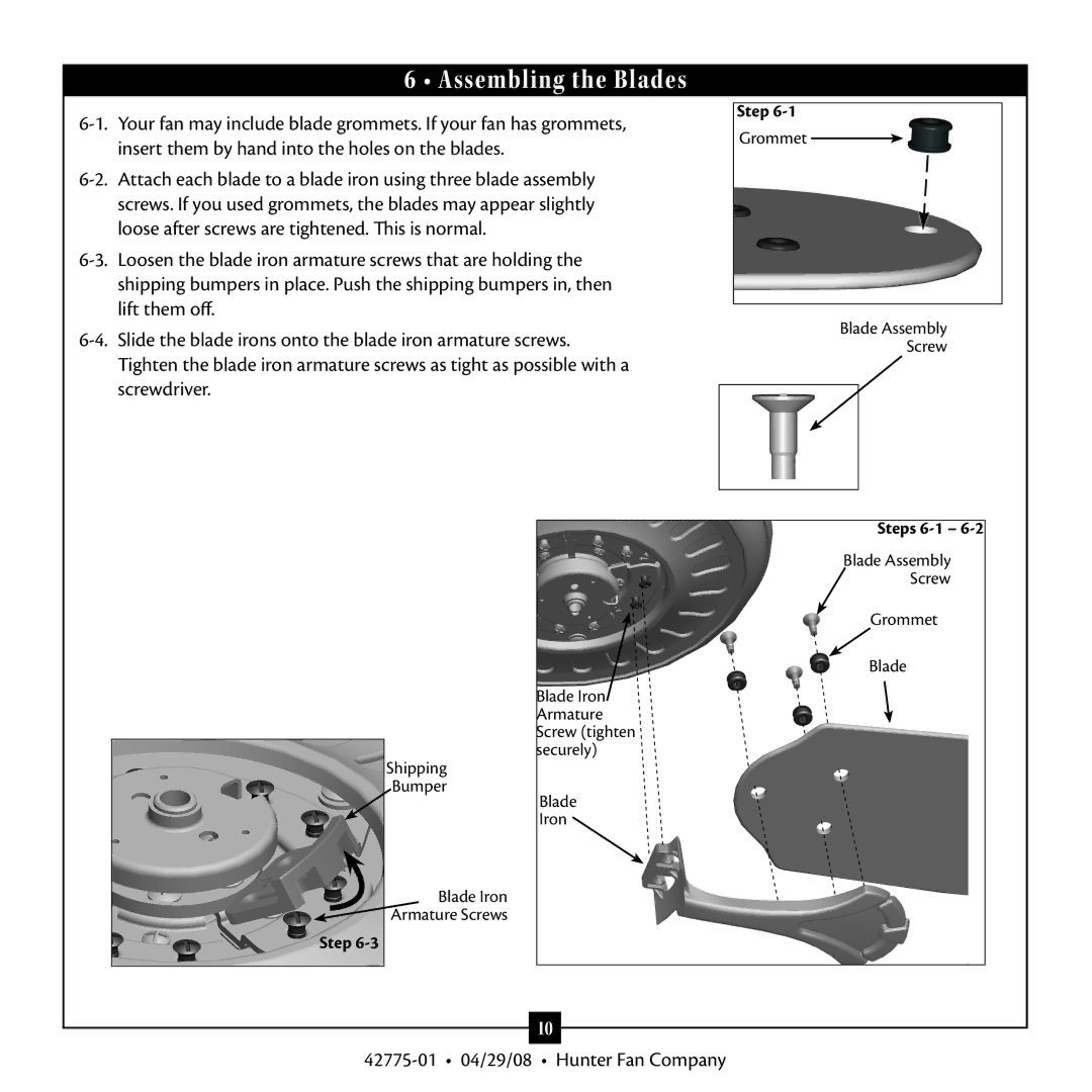 Hunter Fan 42775-01 warranty Assembling the Blades, Steps 6-1 