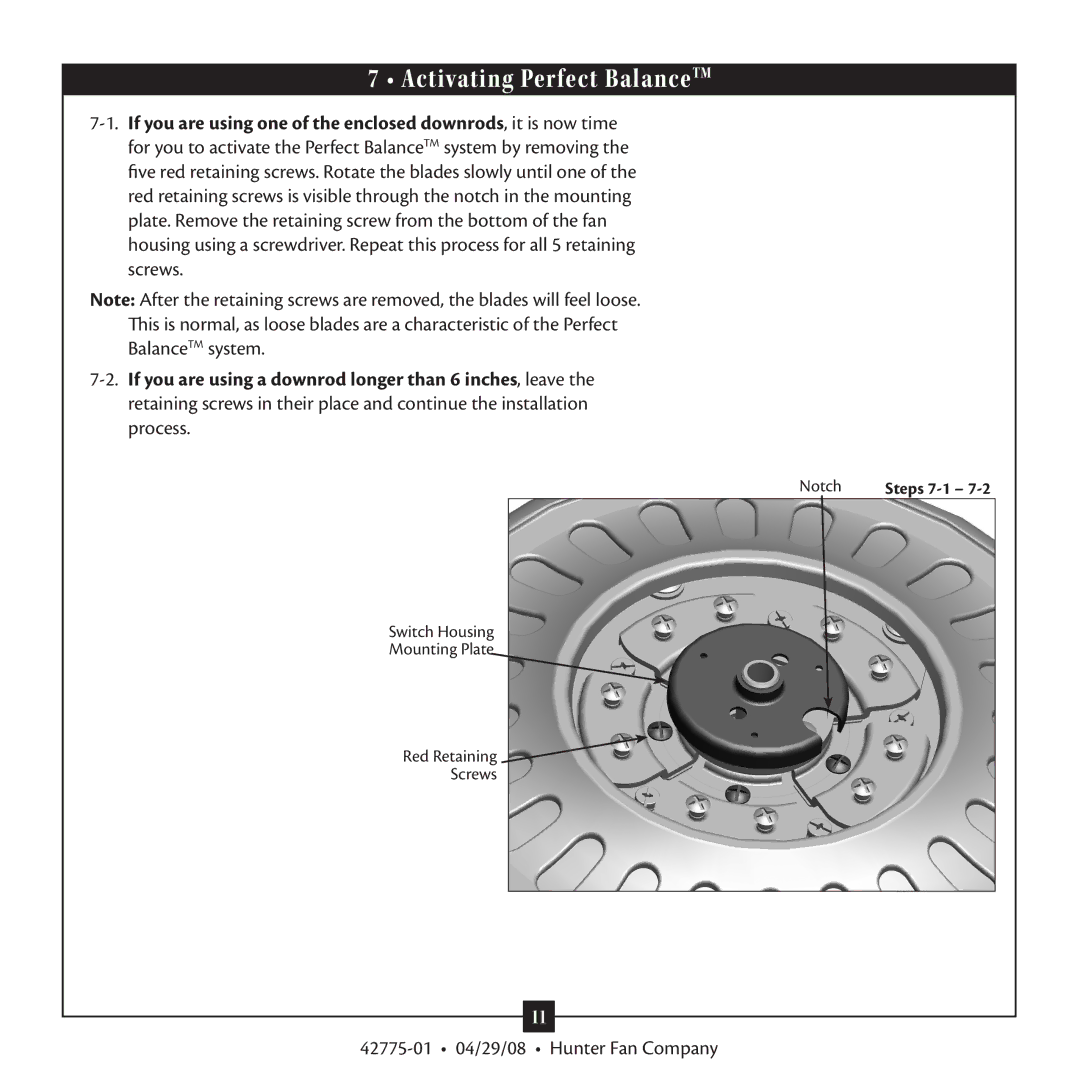 Hunter Fan 42775-01 warranty Activating Perfect BalanceTM 