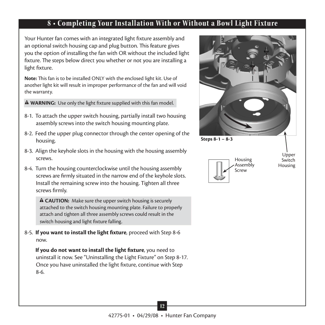 Hunter Fan 42775-01 warranty Steps 8-1 