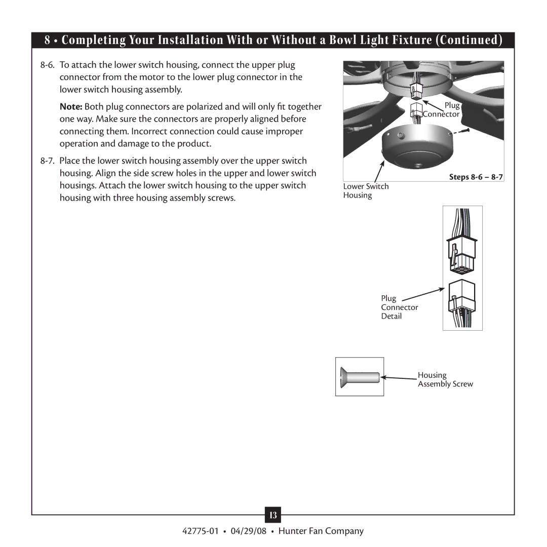 Hunter Fan 42775-01 warranty Steps 8-6 