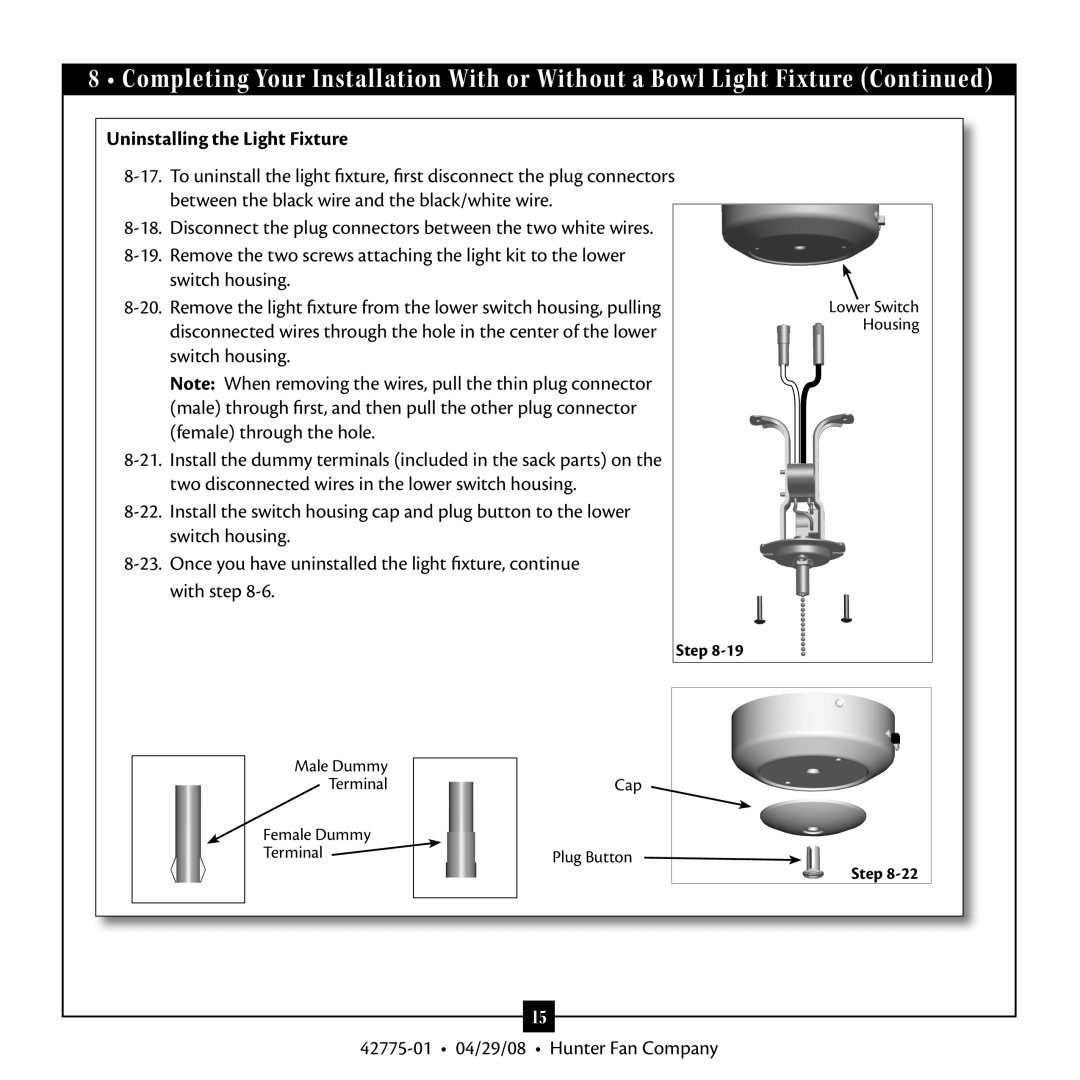 Hunter Fan 42775-01 warranty Uninstalling the Light Fixture 