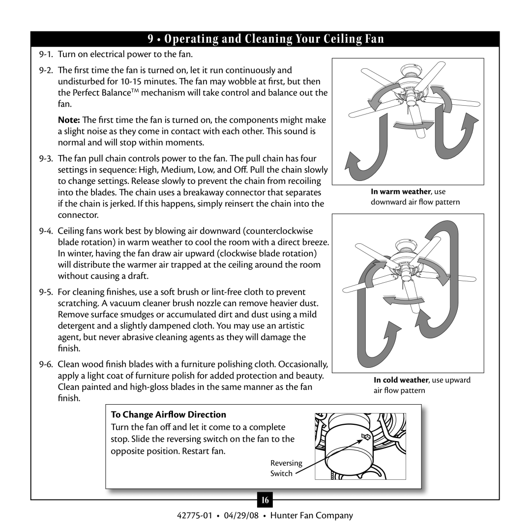 Hunter Fan 42775-01 warranty Operating and Cleaning Your Ceiling Fan, To Change Airflow Direction 