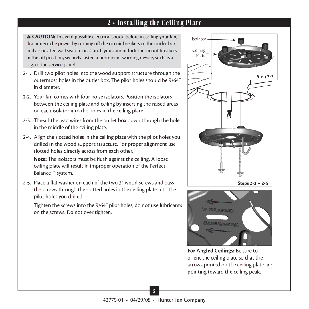 Hunter Fan 42775-01 warranty Installing the Ceiling Plate 