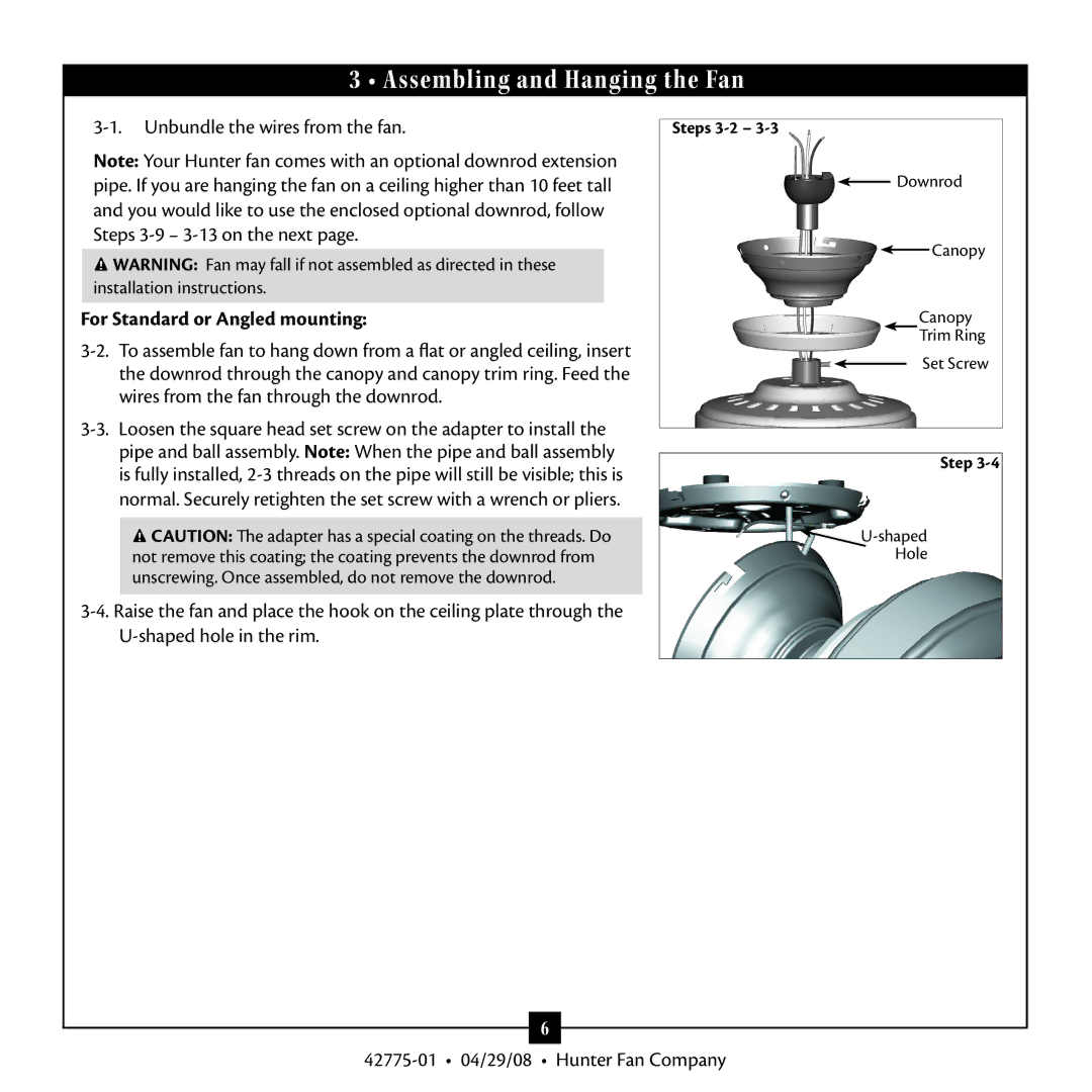 Hunter Fan 42775-01 warranty Assembling and Hanging the Fan, For Standard or Angled mounting 