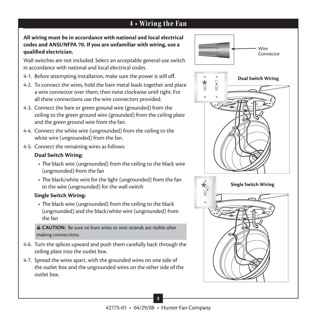 Hunter Fan 42775-01 warranty Wiring the Fan, Dual Switch Wiring, Single Switch Wiring 