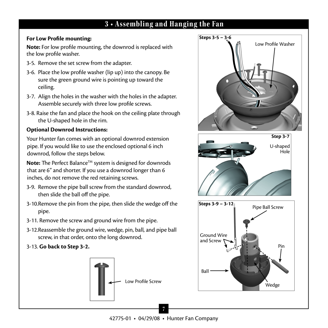 Hunter Fan 42775-01 warranty Assembling and Hanging the Fan, For Low Profile mounting, Optional Downrod Instructions 