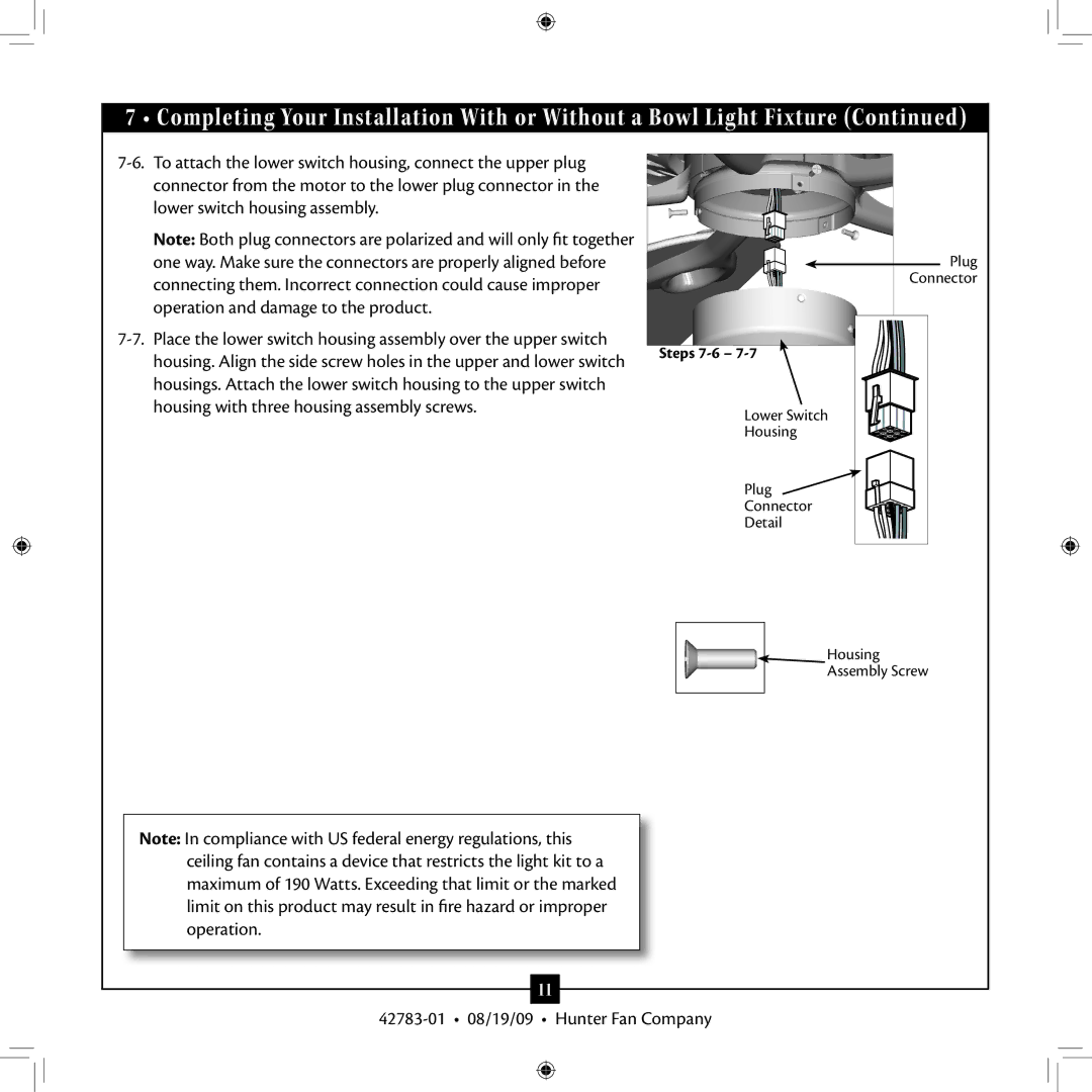 Hunter Fan 42783-01 installation manual Steps 7-6 